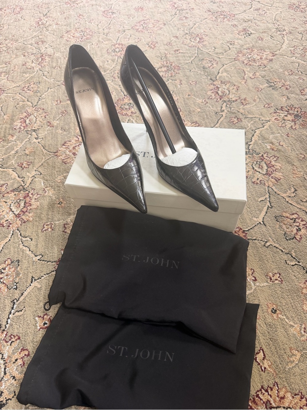 St. John Black Croc-Embossed Pointed Toe Pumps